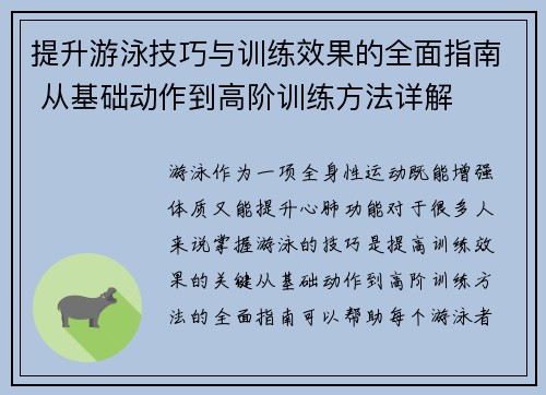 提升游泳技巧与训练效果的全面指南 从基础动作到高阶训练方法详解